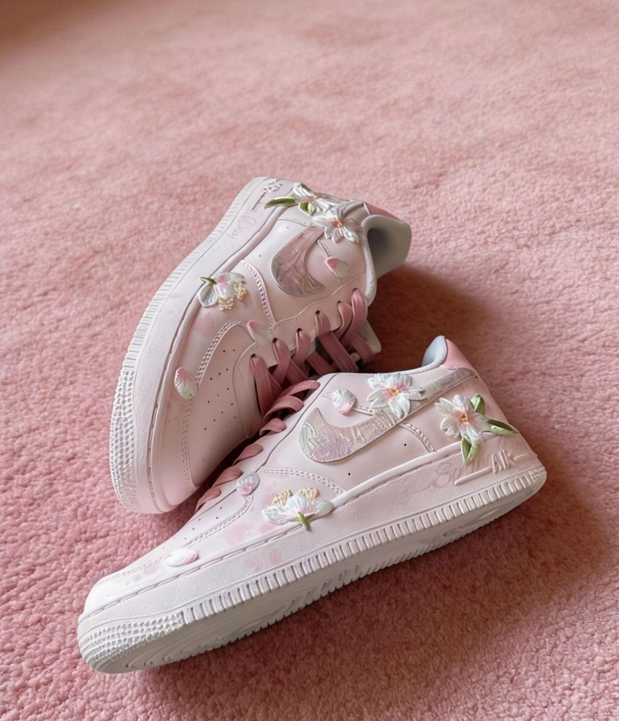 🌸把春天穿在脚上|Nike Air Force 1 樱花粉手绘定制款,甜度爆表!